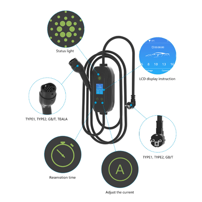 3.5kw 16A الكهربائية المنزلية مع حجز الشاشة شحن Gbt شاحن EV المحمول لسهولة شحن المركبات الكهربائية